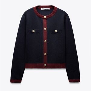 Zara Black Cardigan with Burgundy Accents